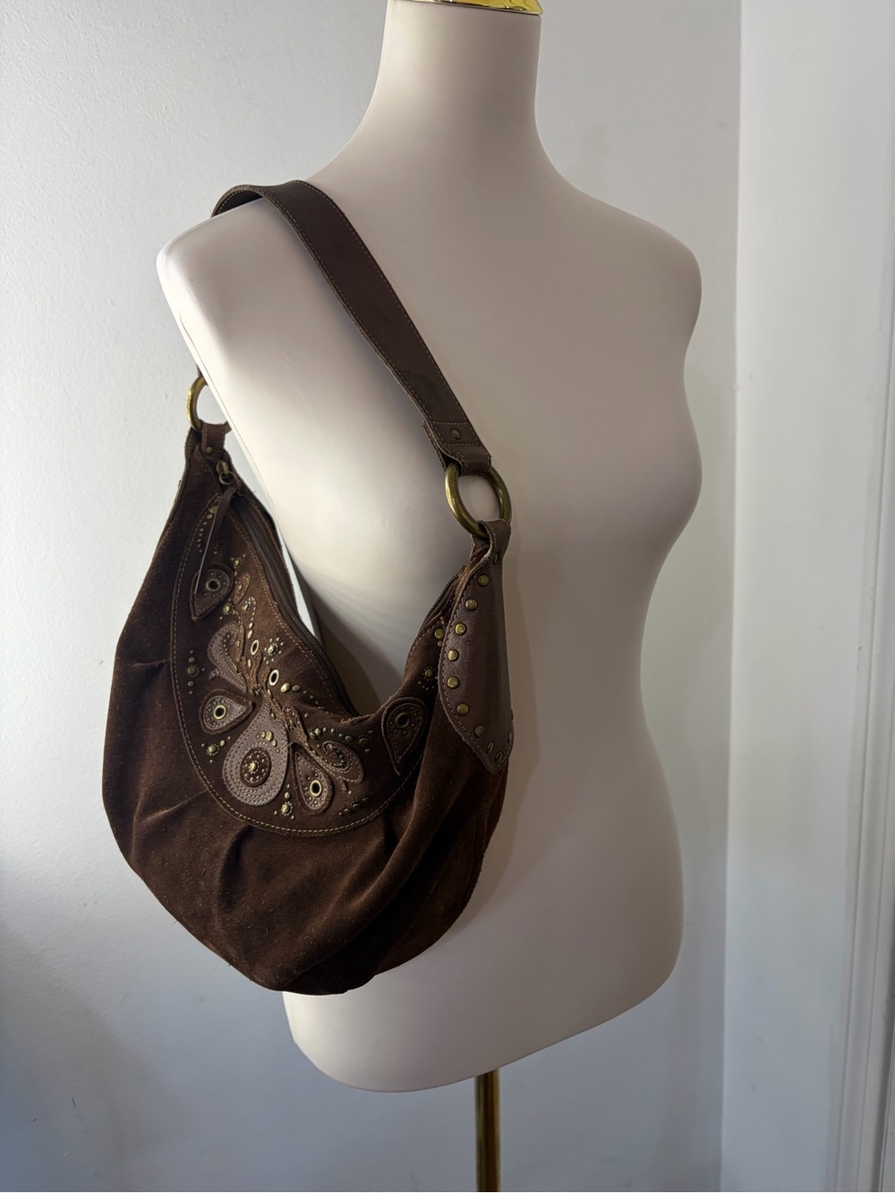 Vintage Y2K Brown Suede Embellished Fossil Hobo Shoulder Bag